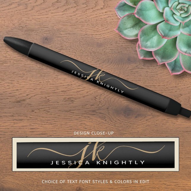 Stylo Noir Initiales de monogramme élégantes en or noir et éc (Créateur téléchargé)
