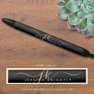 Stylo Noir Initiales de nom de monogramme de script or noir é