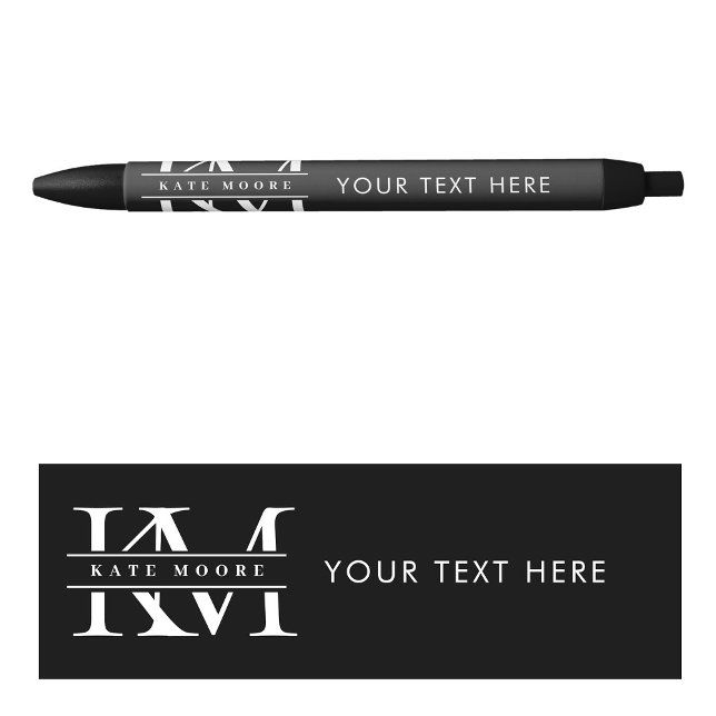 Stylo Noir Initiales Monogramme Moderne Noir Blanc (Modern Monogram Initials Professional Black White Pen)