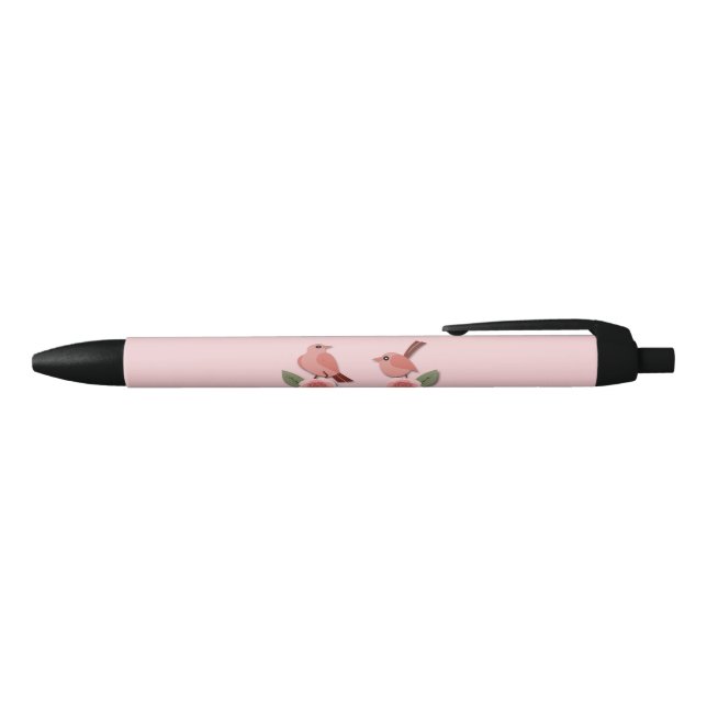 Stylo Noir Inséparables roses mignons et Roses floraux (Haut)