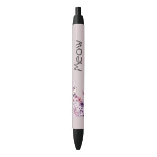 Stylo Noir Joli Chat Floral Roses Roses Violettes