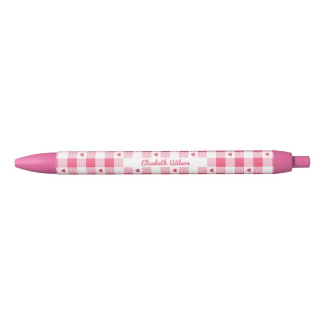 Stylo Noir Joli damier gingham rose et blanc avec des coeurs  (Devant)