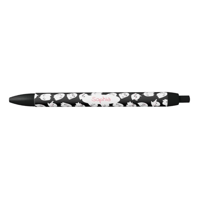 Stylo Noir Joli fantôme Kawaii Halloween Nom Monogramme (Devant)