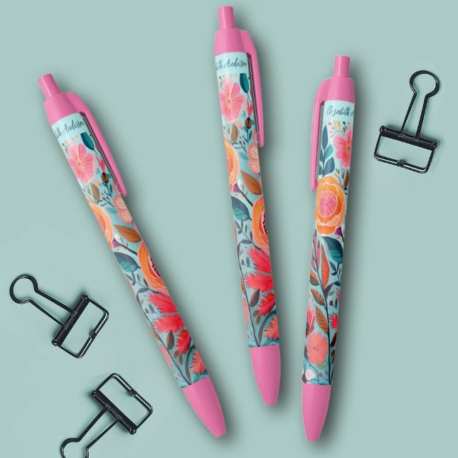 Stylo Noir Joli floral botanique féminin (Bright colorful floral pens. Personalize them with your name.)
