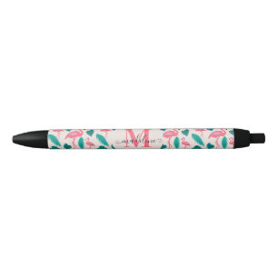 Stylo Noir Joli Monogramme Feuille tropical Flamant rose rose