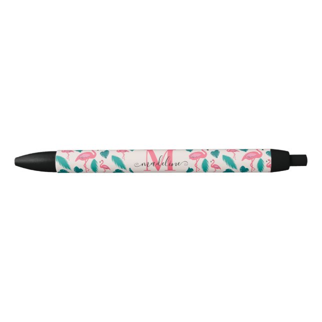 Stylo Noir Joli Monogramme Feuille tropical Flamant rose rose (Devant)
