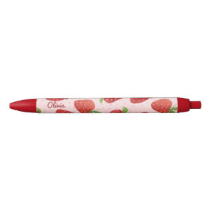 Stylo Noir Joli nom de style aquarelle rouge fraises 