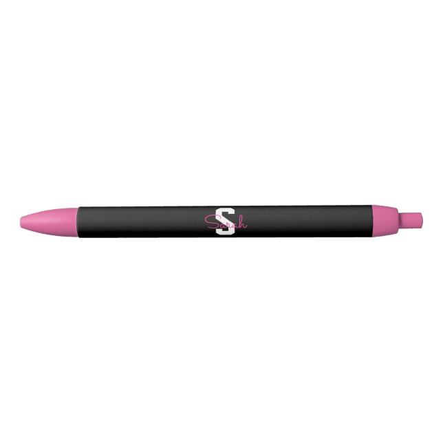 Stylo Noir Joli nom et monogramme | Noir blanc et rose (Devant)