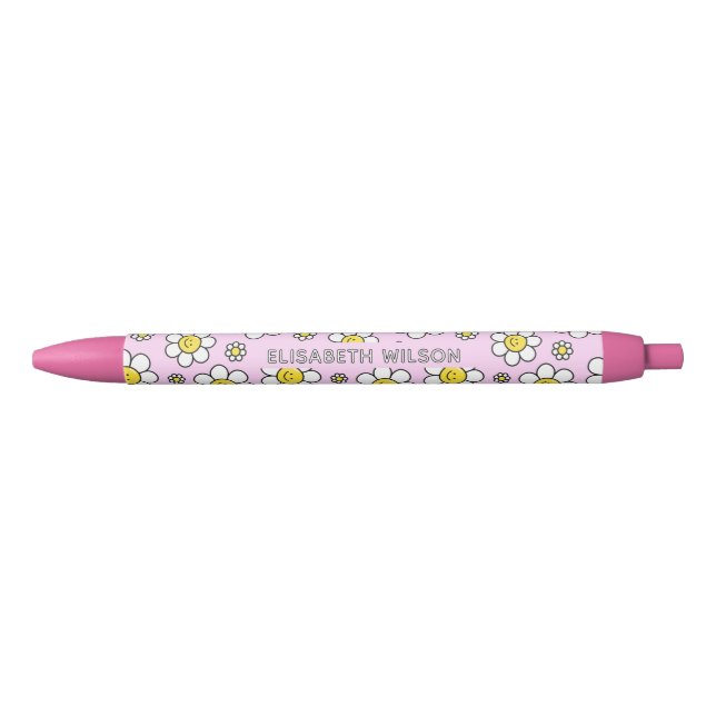 Stylo Noir Joli Smiley Chamomile Fleur Nom du script Monogram (Devant)