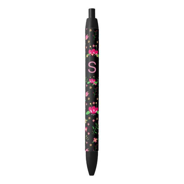 Stylo Noir Jolie florale rose sur monogramme noir (devant Vertical)