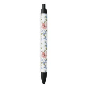 Stylo Noir Jolies Fleurs Bleues Rouges