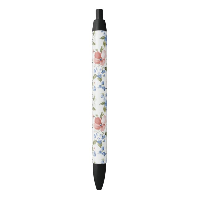 Stylo Noir Jolies Fleurs Bleues Rouges (devant Vertical)