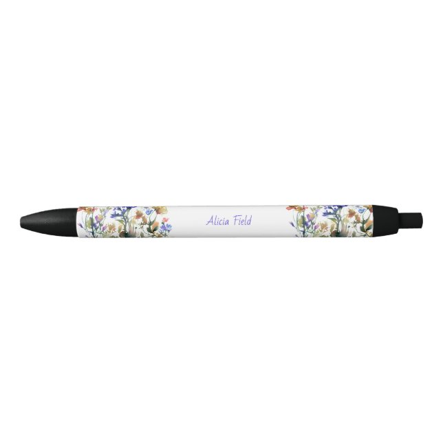 Stylo Noir Jolies Fleurs Sauvages Aquarelle | votre nom (Devant)