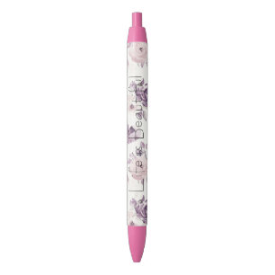 Stylo Noir Jolies Roses Fleurs Roses Violettes