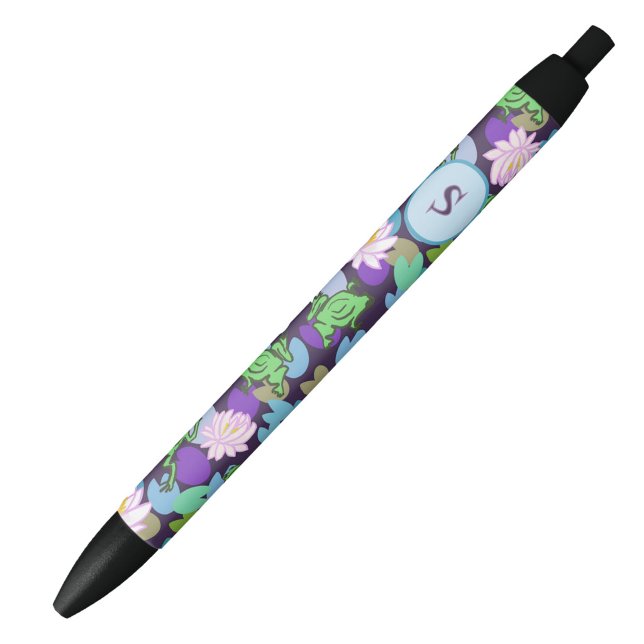 Stylo Noir Jolis grenouilles bleues et vertes monogramme init (Créateur téléchargé)