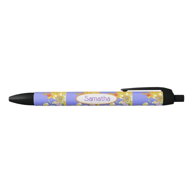 Stylo Noir Jonquille jaune Nom de fille aquarelle violette (Haut)