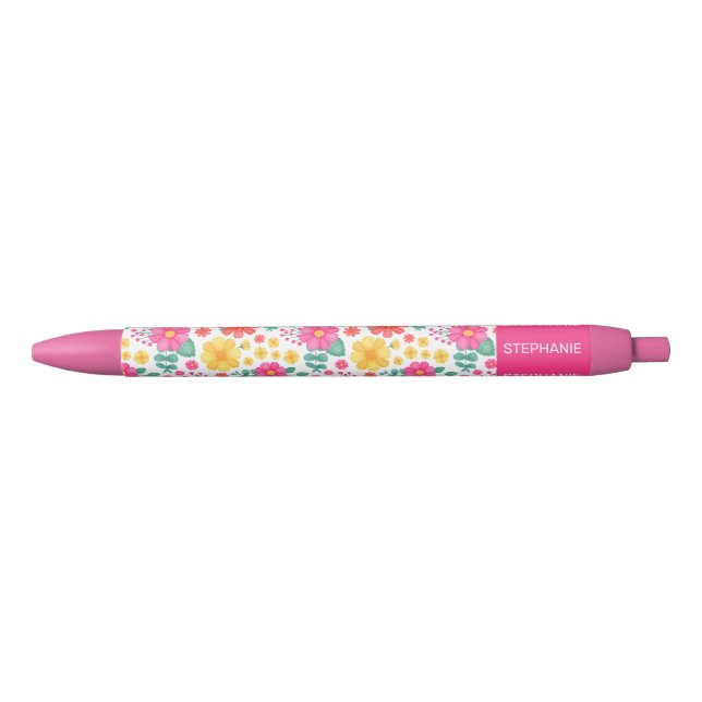 Stylo Noir Joyeux rose orange jaune Floral Nom personnalisé (Devant)