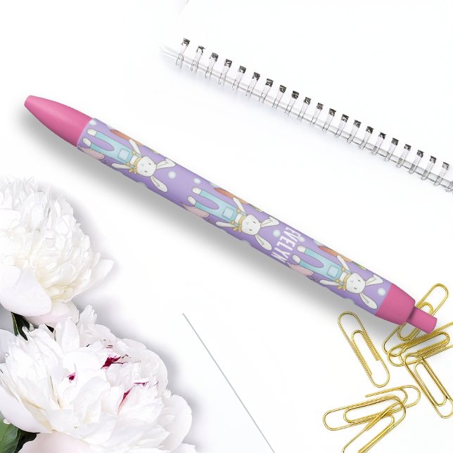 Stylo Noir Lapin en peluche personnalisé avec nom mignon (Créateur téléchargé)