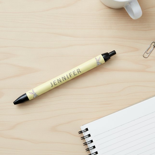 Stylo Noir Lapin Mignon avec Nom Personnalisé (Cute bunny rabbit pen with custom name.)