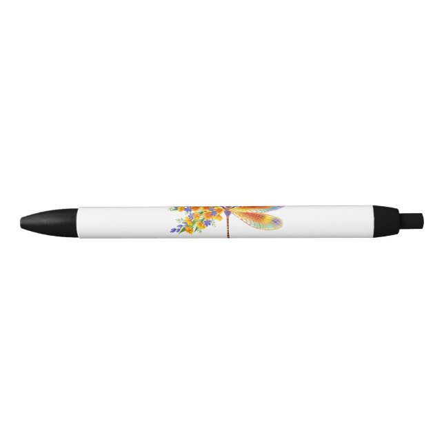Stylo Noir libellule de fleurs jaunes (Devant)