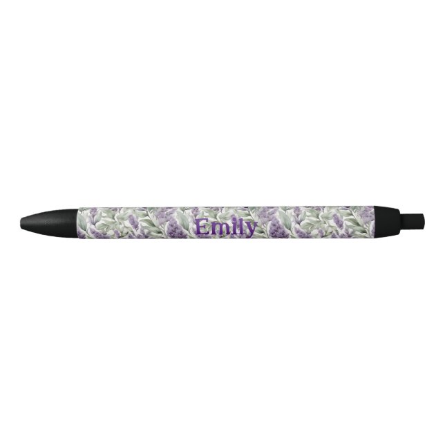 Stylo Noir Lilas élégant et sauge floral personnalisé  (Devant)