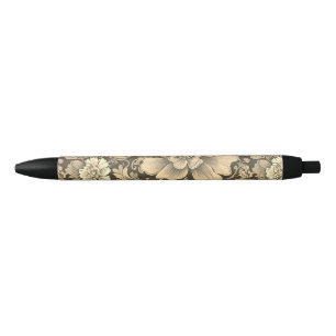 Stylo Noir Magnifique motif floral sépia vintage
