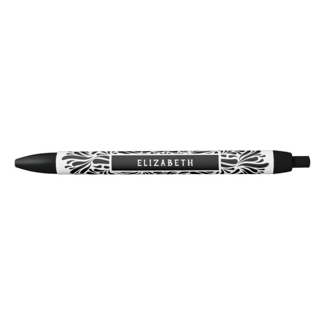 Stylo Noir Mandala noir & blanc Nom personnalisé Moderne (Devant)