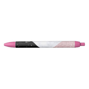 Stylo Noir Marbre noir blanc de parties scintillantes roses