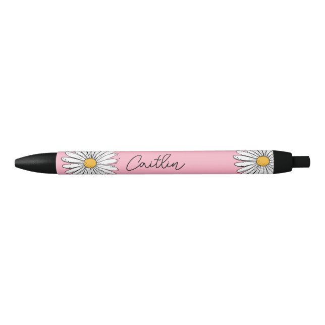 Stylo Noir Marguerite lunaire jaune et blanc avec texte perso (Devant)