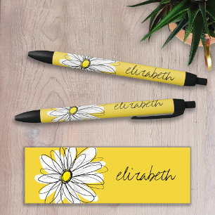Stylo Noir Marguerite lunaire jaune et blanc avec texte perso