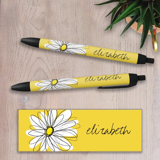 Stylo Noir Marguerite lunaire jaune et blanc avec texte perso (Créateur téléchargé)