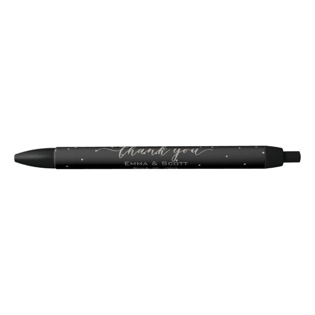 Stylo Noir Mariage Favor Merci Argent Script Confetti (Devant)