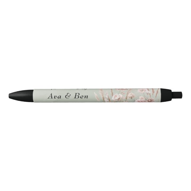 Stylo Noir Mariage Fleur sauvage Sage Green et Rose (Devant)