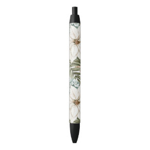 Stylo Noir Mariage Fleurs Blanches Bleues Tropicales