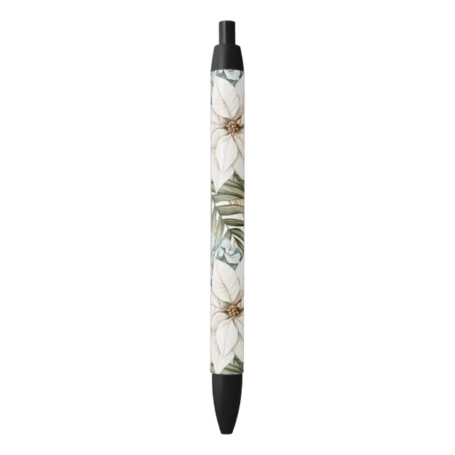Stylo Noir Mariage Fleurs Blanches Bleues Tropicales (devant Vertical)