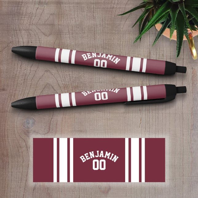 Stylo Noir Maroon and White Jersey Stripes Nom personnalisé N (Personalized Writing Pens - add your name, monogram or other text)