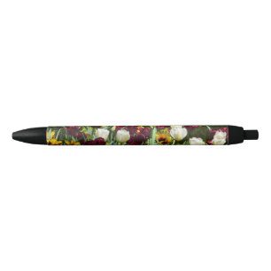 Stylo Noir Maroon et Tulipes Jaunes Florales colorées