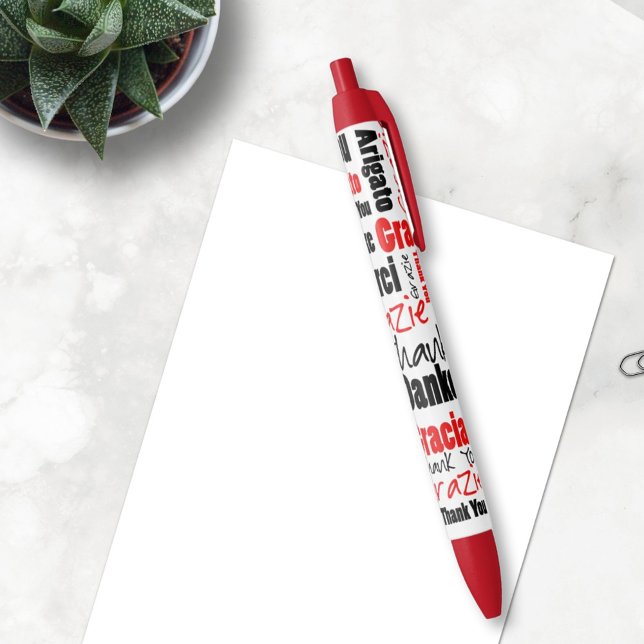 Stylo Noir Merci multilingue noir rouge typographie ( The gratitude pen is a nice gift idea for volunteers, teacher or other people you want to thank. )