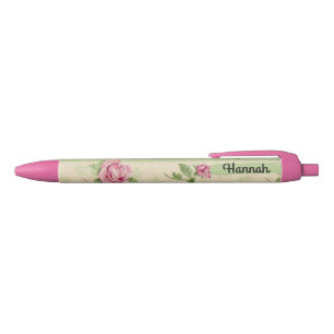 Stylo Noir Minable romantique de roses rayés de fleurs de