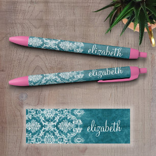 Stylo Noir Modèle de Damas gris turquoise Texte personnalis