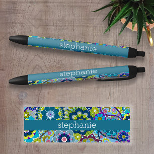 Stylo Noir Modèle floral turquoise et rose avec nom de bébé p