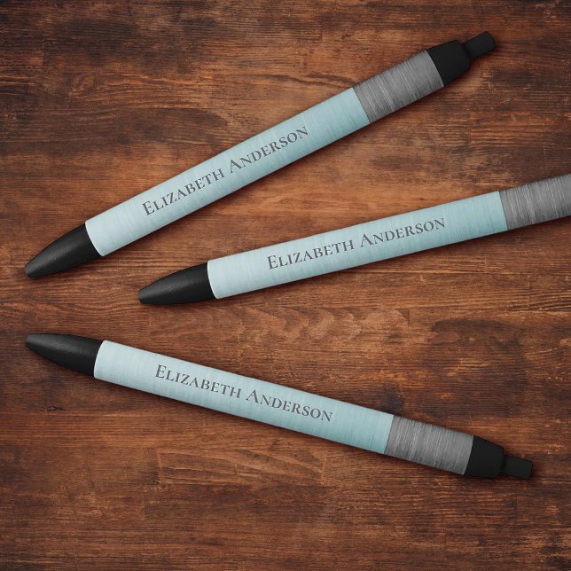 Stylo Noir Modern Minimalist Monogram Name Teal Blue Metallic (Modern Metallic blue and grey monogram name office pens)