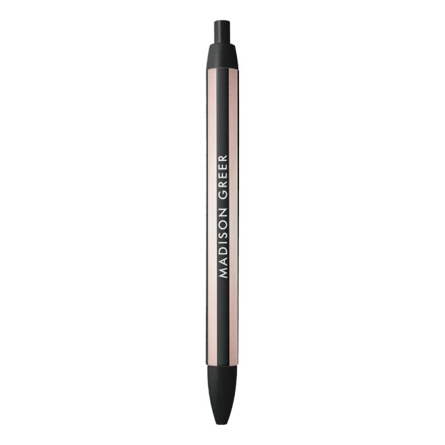 Stylo Noir Modern Rose Gold Black Striped Personalized Name (devant Vertical)