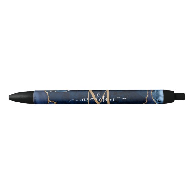 Stylo Noir Moderne Marine Blue Gold Agate Géode Chic Monogram (Devant)