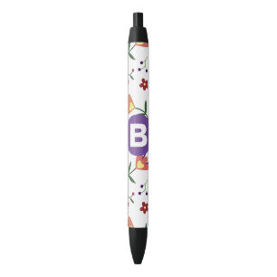 Stylo Noir Moderne monogramme floral coloré violet