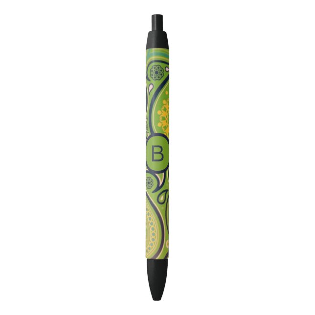 Stylo Noir Monogramme à motif cachemire vert orné (devant Vertical)