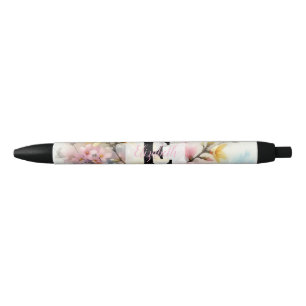 Stylo Noir Monogramme aquarelle fleurs roses jaunes de printe