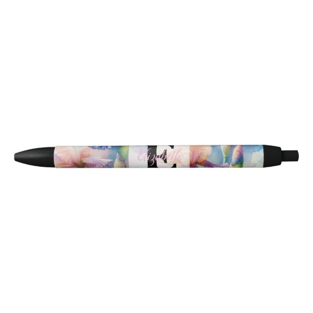 Stylo Noir Monogramme aquarelle florale iris fleurs violettes (Devant)