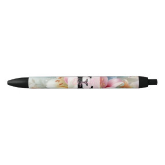 Stylo Noir Monogramme aquarelle florale lys roses fleurs 