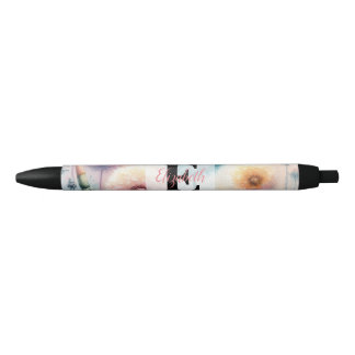 Stylo Noir Monogramme aquarelle florale pissenlits roses bleu